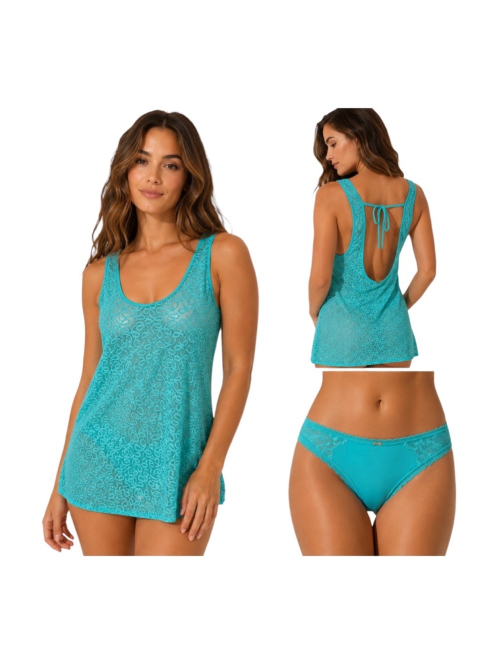 Victoria’s Secret Aqua Lace Open Back Sleep Tank & NWT Matching Hiphugger Panty